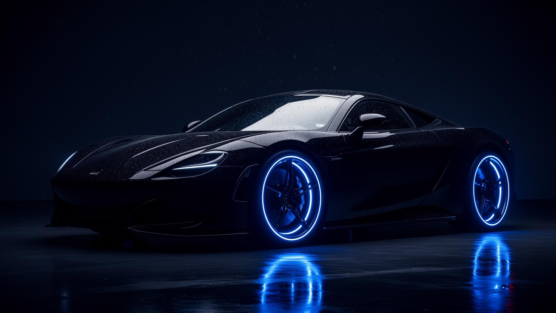 Luxury sports car with electric blue lighting
